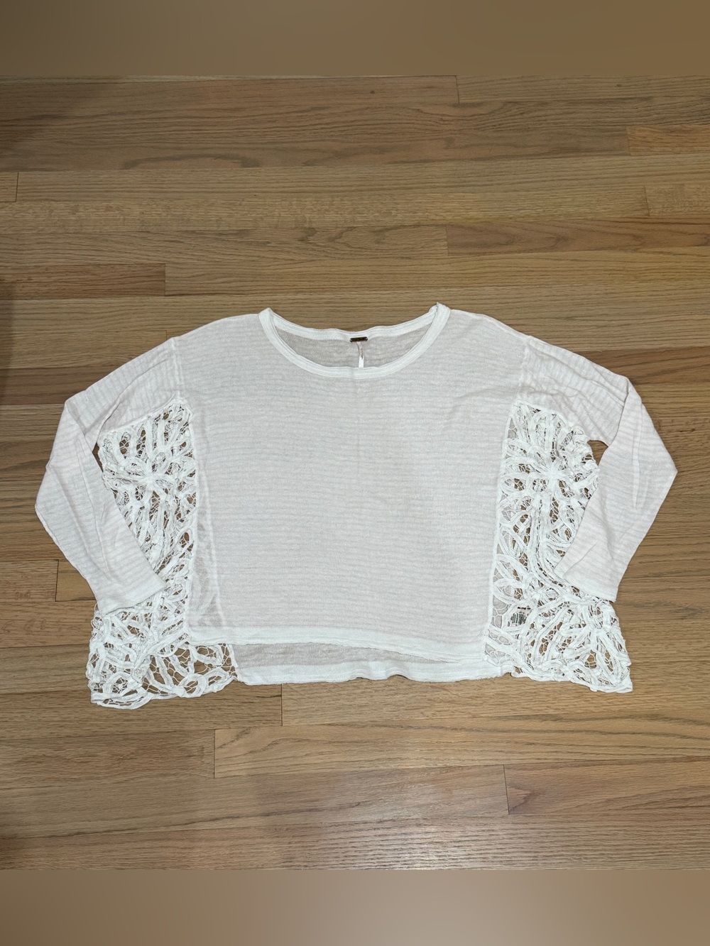 Women’s Free People Lace Panel Long Sleeve Top, White with Pink Stripes, Small